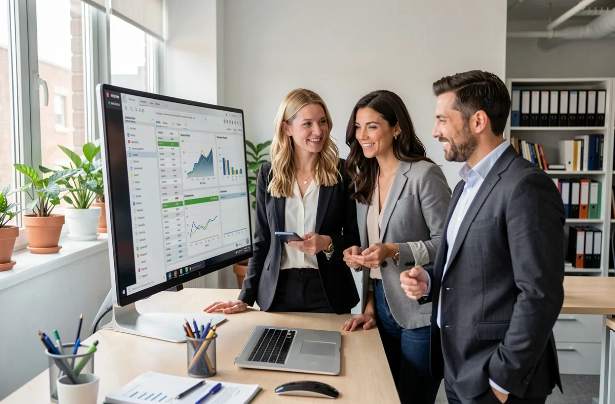 Équipe de formateurs comparant des sociétés de portage salarial sur un écran de bureau en open space