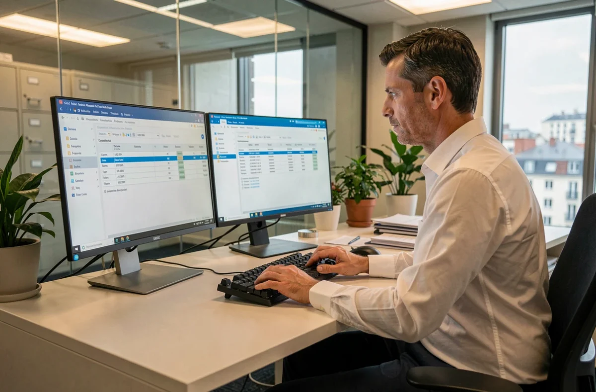 Comptable saisissant les codes CSP dans un logiciel de déclaration sociale nominative sur poste informatique