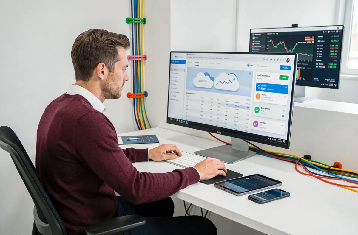 Expert-comptable de ComptaCom utilisant des outils numériques et un logiciel comptable en cloud sur grand écran