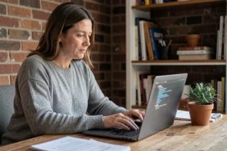 Femme configurant un accès Intraparis nomade depuis son ordinateur portable à domicile