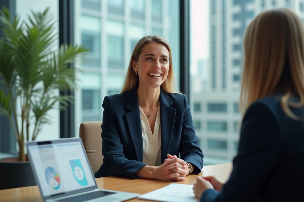 Femme professionnelle en entretien de conseil de carrière dans un bureau moderne avec vue sur la ville