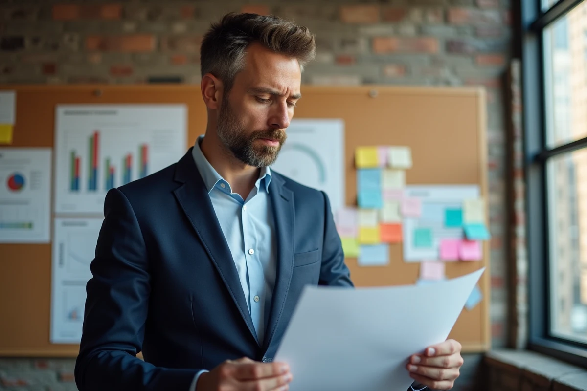 Consultant en costume devant un tableau de performance coloré