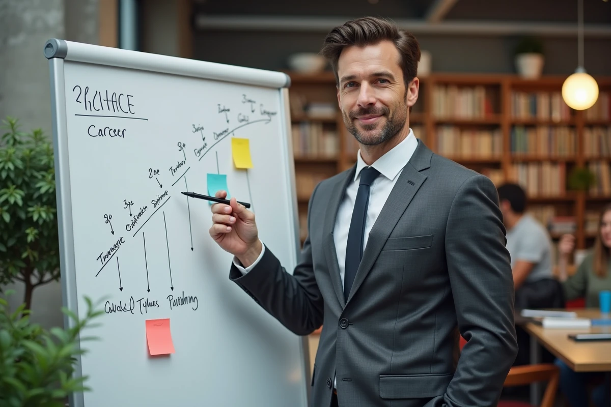 Consultant en développement de carrière présentant une feuille de route professionnelle sur un tableau blanc en espace de coworking