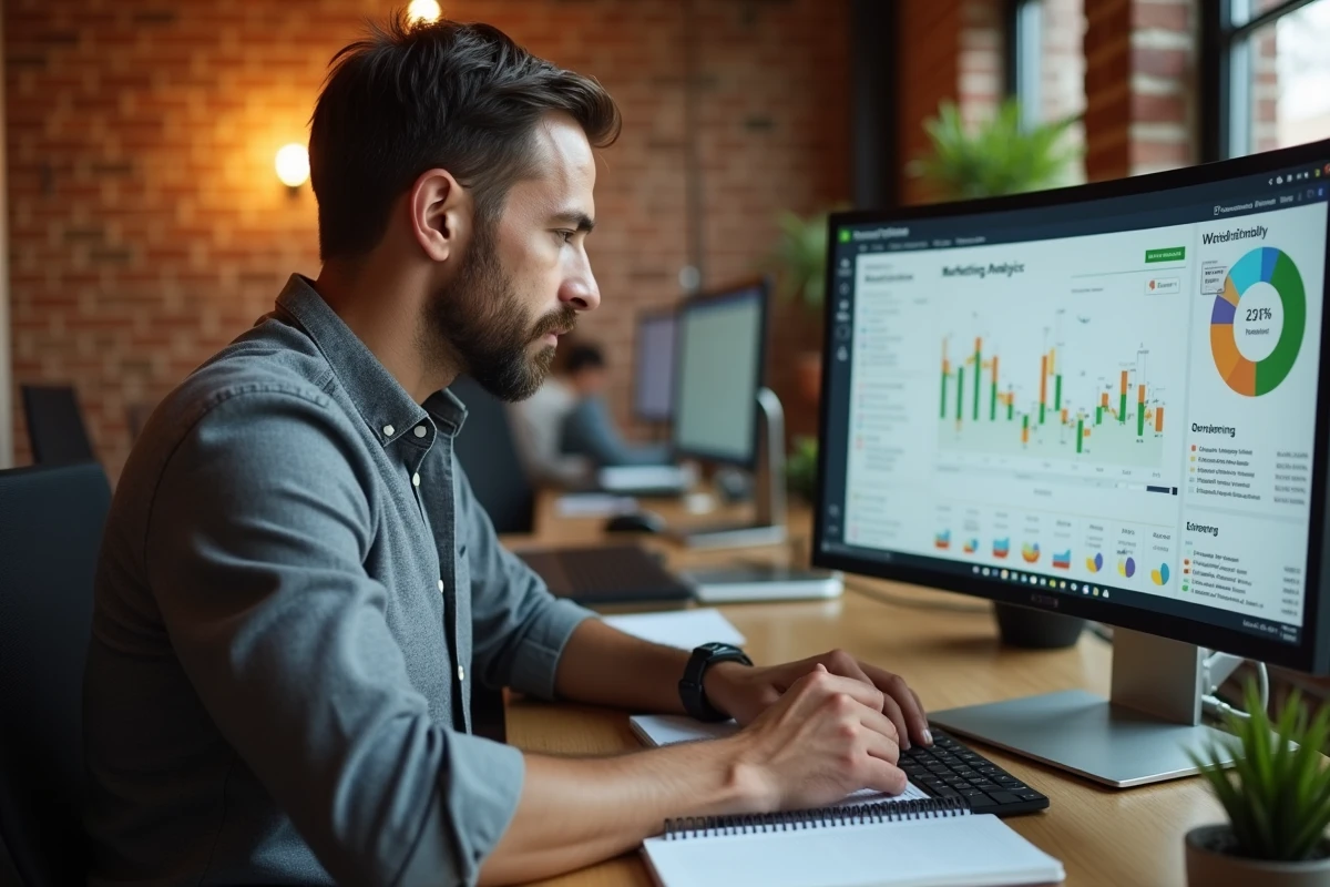 Professionnel du marketing consultant une plateforme d'analyse de données en espace de coworking à Paris
