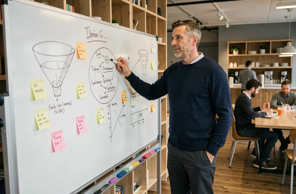 Consultant masculin présentant une stratégie de positionnement niche sur tableau blanc dans un espace de coworking