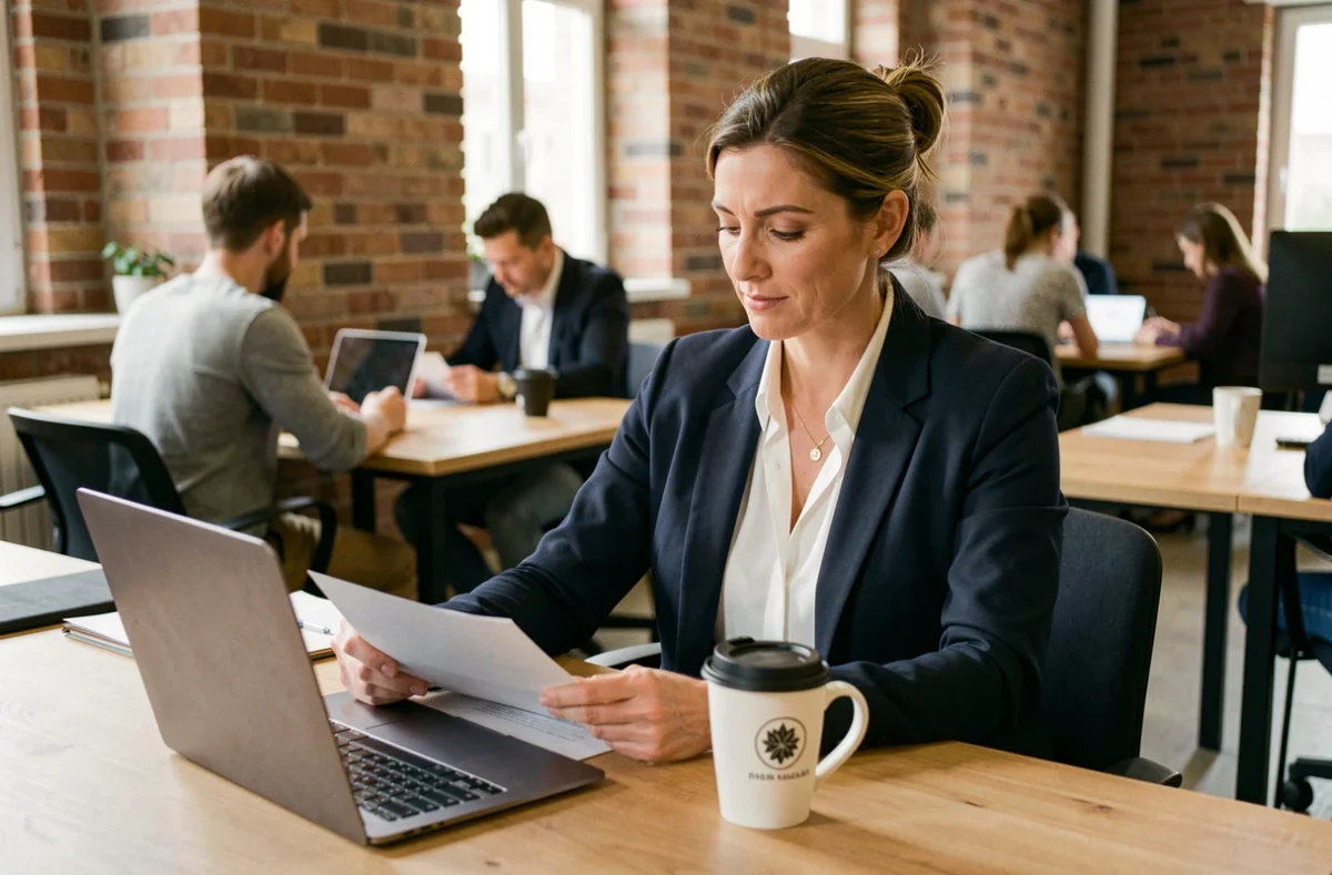 Consultante en portage salarial à Valenciennes travaillant dans un espace de coworking moderne