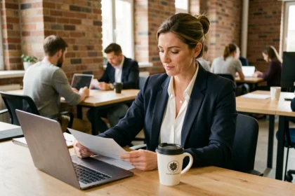 Consultante en portage salarial à Valenciennes travaillant dans un espace de coworking moderne
