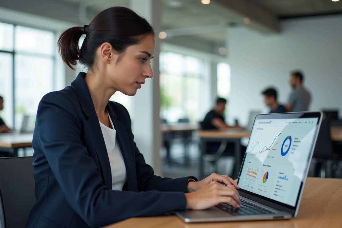 Consultante SEO analysant les performances d'un site vitrine SaaS sur Google Analytics dans un bureau moderne