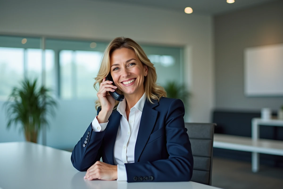 Femme professionnelle au bureau de réception d'Easy Prospect à Orvault prête à répondre aux appels clients