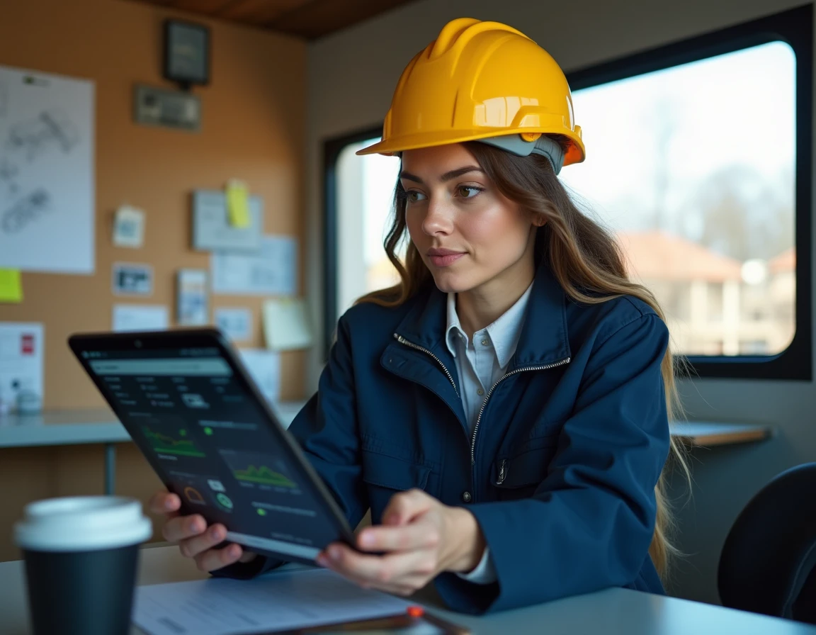 Coordinatrice de chantier utilisant une tablette pour centraliser les suivis de travaux dans un bureau de chantier