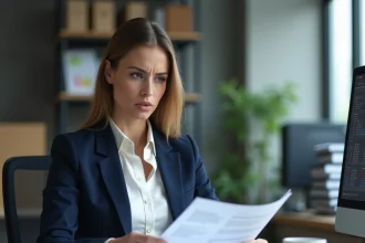 Femme professionnelle consultant des documents officiels pour corriger une erreur sur un numéro DUNS