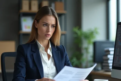 Femme professionnelle consultant des documents officiels pour corriger une erreur sur un numéro DUNS