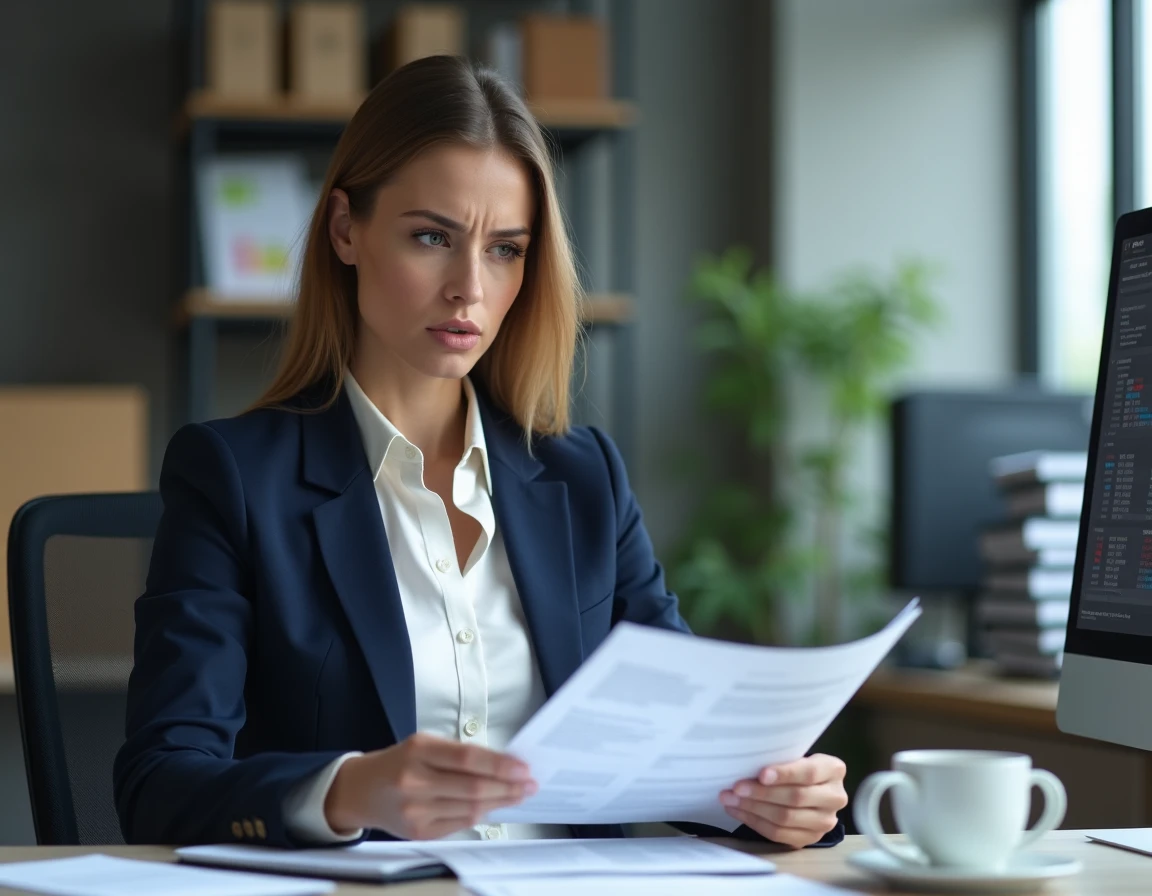 Femme professionnelle consultant des documents officiels pour corriger une erreur sur un numéro DUNS