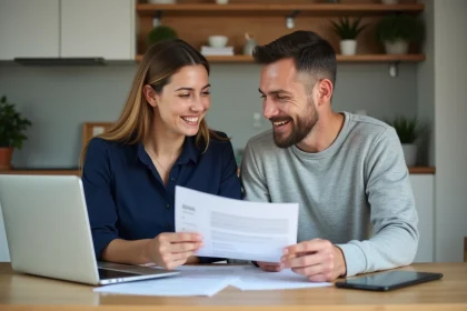 Couple consultant les avantages du comité d'entreprise Loxam à domicile