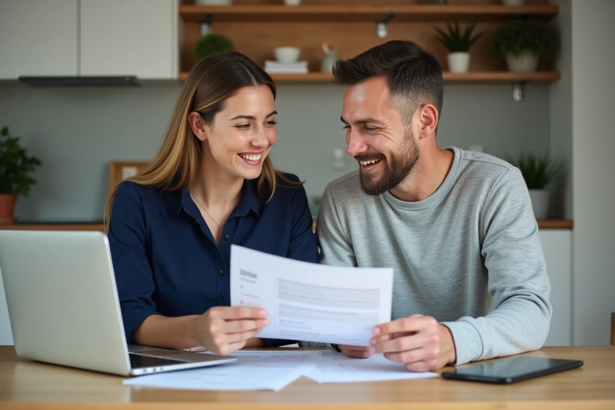 Couple consultant les avantages du comité d'entreprise Loxam à domicile