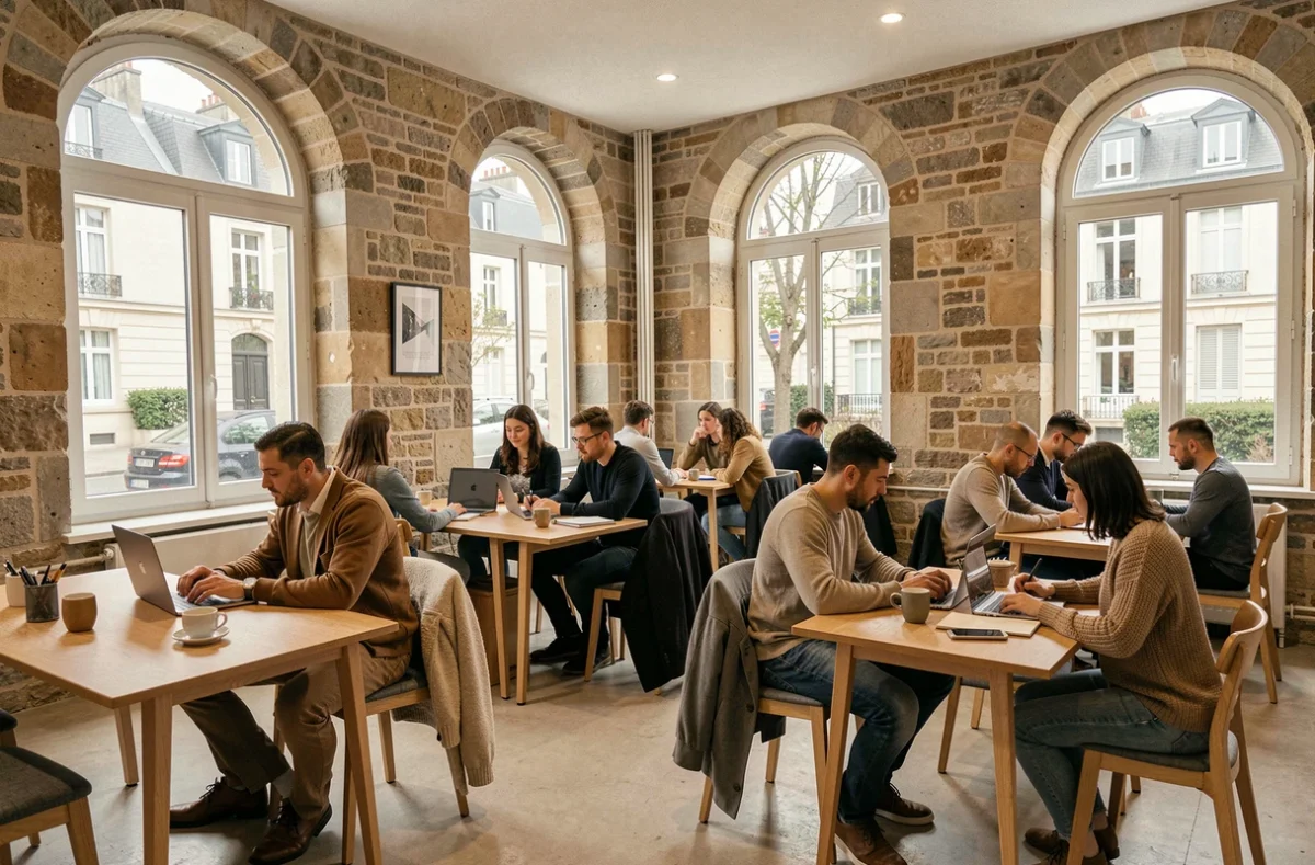 Espace de coworking dans un immeuble rénové à Saint-Maur-des-Fossés avec professionnels au travail
