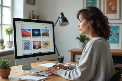 Femme créant des visuels print et web avec une bibliothèque d'assets graphiques sur ordinateur de bureau