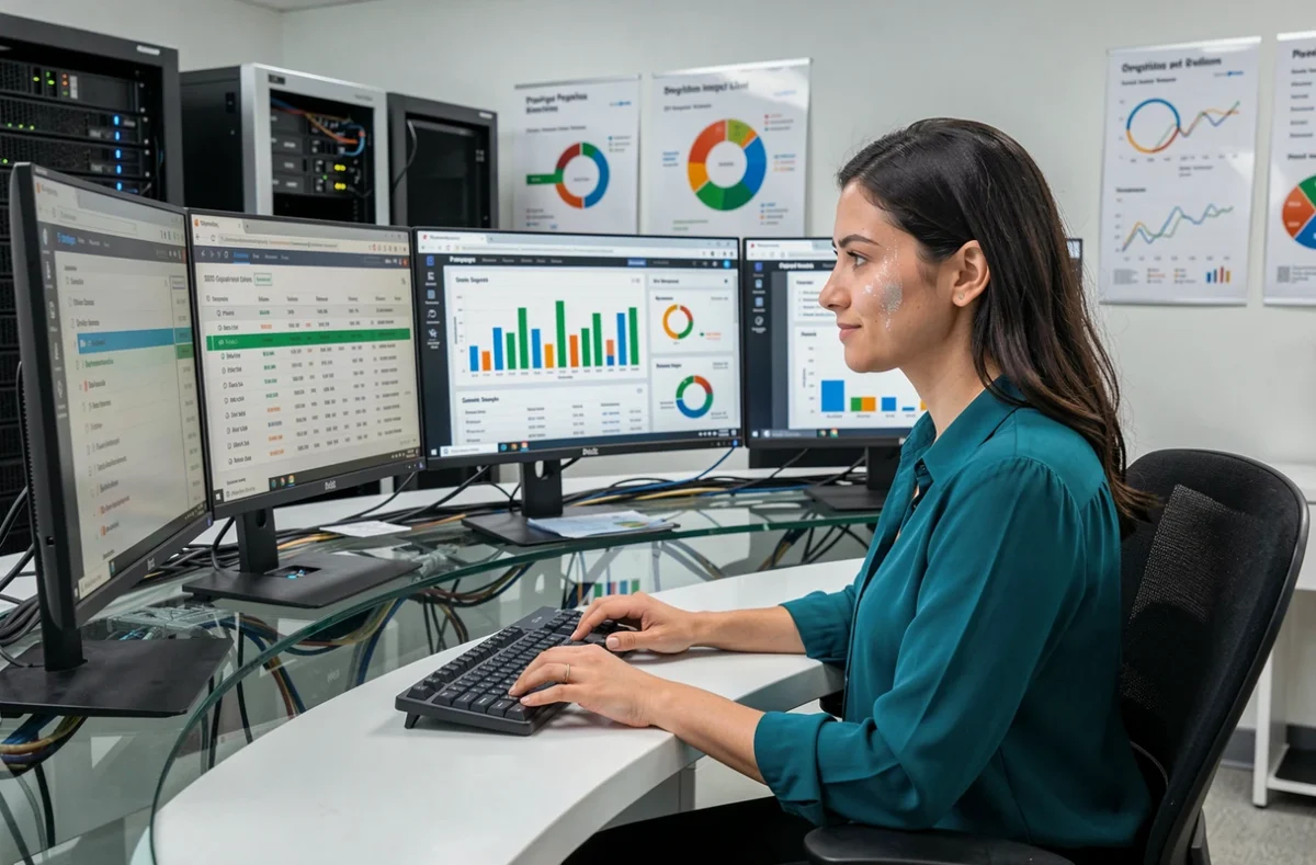 Analyste de l'agence Cybercité explorant des données de référencement naturel et d'analyse SEO sur plusieurs écrans