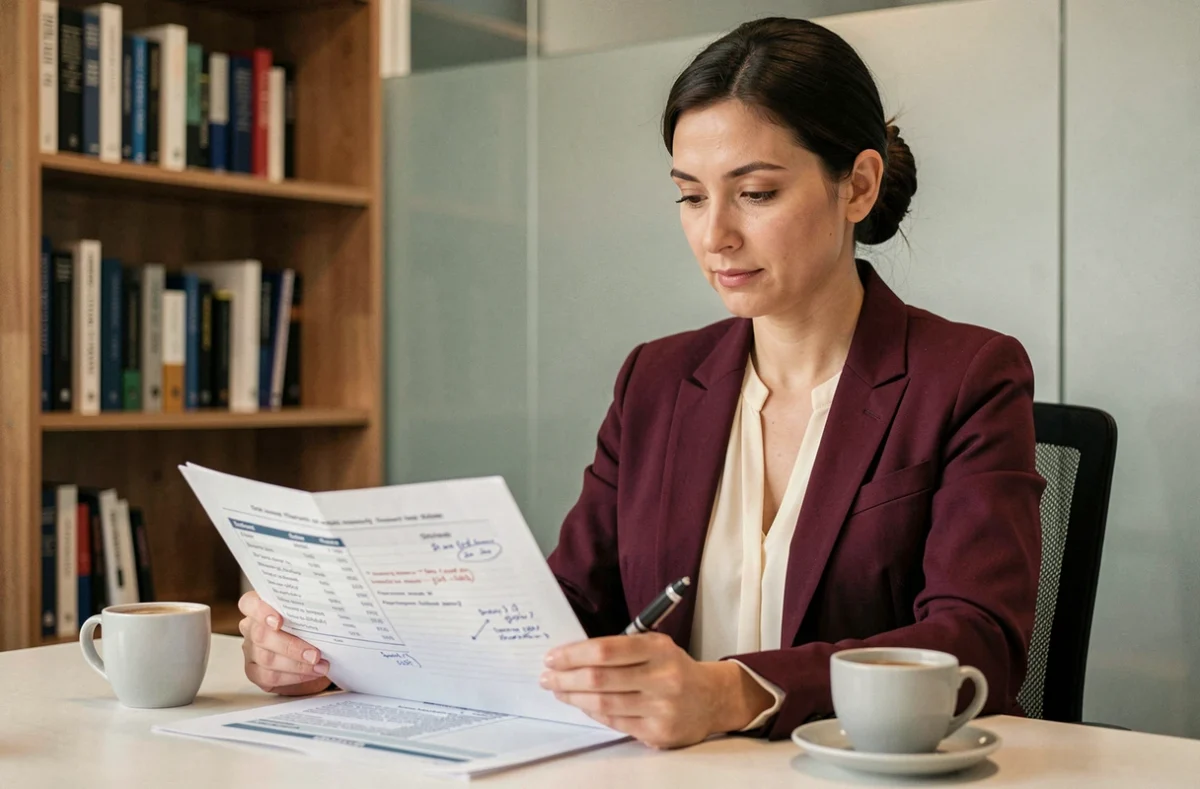 Directrice financière analysant seule une proposition tarifaire de formation numérique dans son bureau professionnel