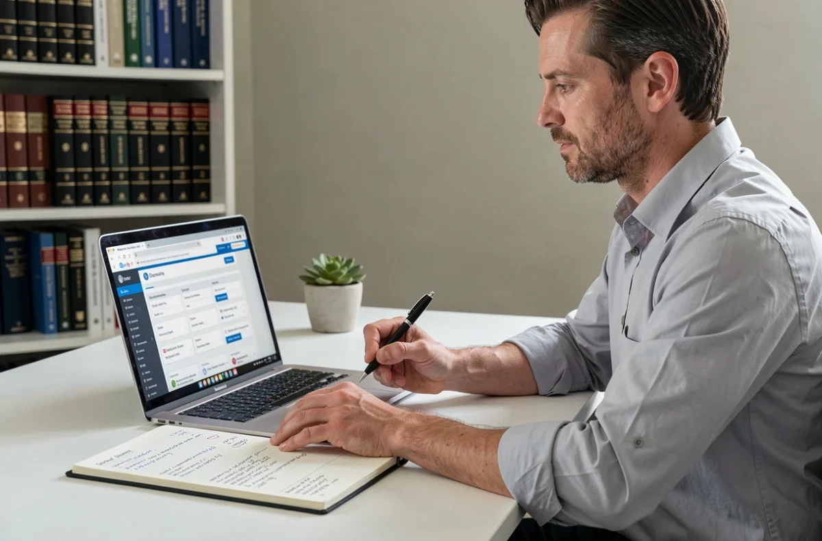Homme remplissant un formulaire en ligne pour la demande de statut Public Benefit Organisation sur un portail gouvernemental