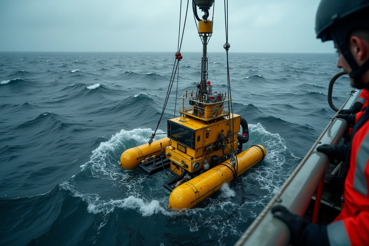 Déploiement d'un véhicule téléopéré ROV depuis un navire de recherche lors d'une opération offshore en eau profonde