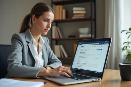 Femme professionnelle déposant une marque en ligne sur le site de l'INPI depuis son bureau