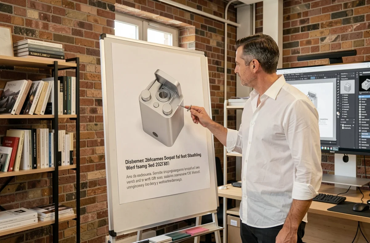 Designer masculin pointant une affiche publicitaire avec une mention de non-contractualité du visuel dans un atelier créatif