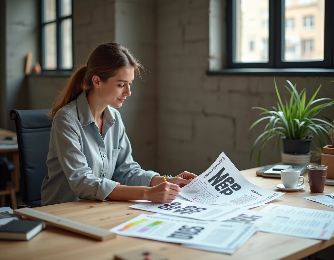 Designer graphique féminine révisant des maquettes d'affiches tarifaires pour commerce dans un studio moderne