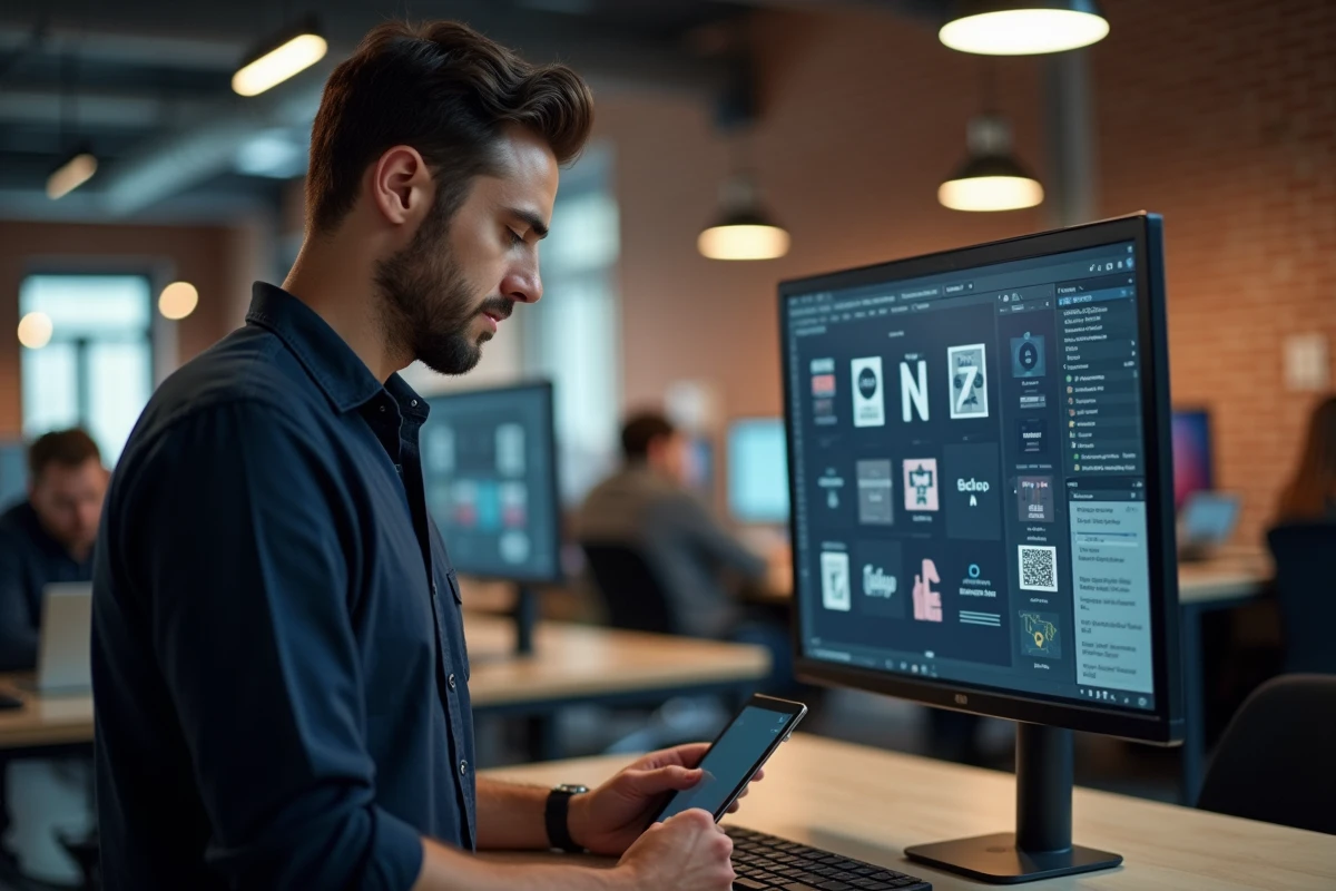 Designer indépendant utilisant des templates graphiques sur tablette et écran externe dans un espace de coworking