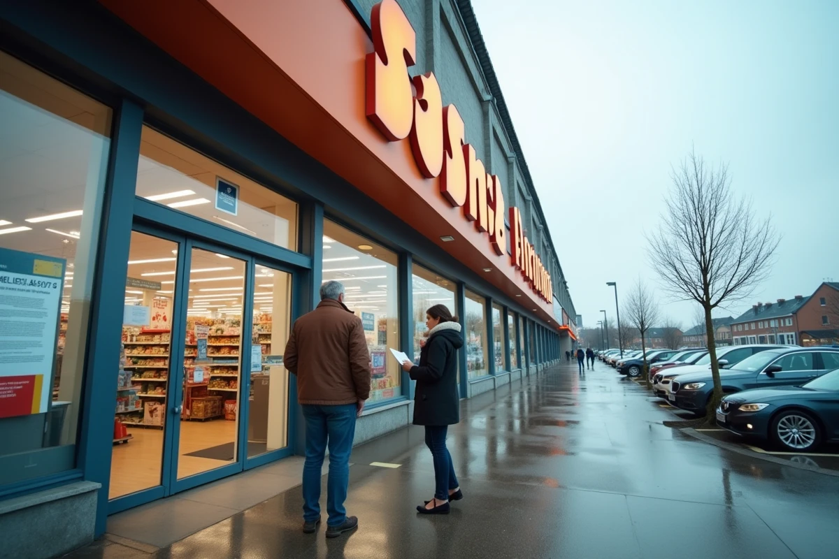 Devanture d'un magasin GiFi en zone commerciale avec des clients lisant un avis affiché sur la porte d'entrée
