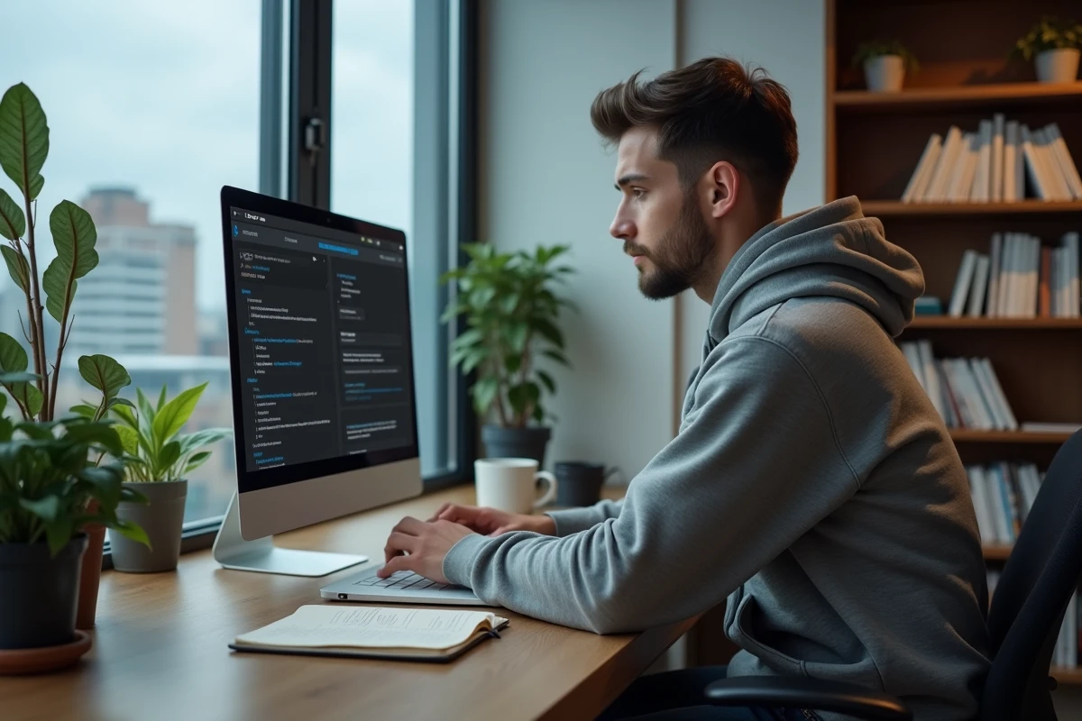 Développeur concentré travaillant seul sur un prototype d'interface utilisateur dans un espace de coworking, avec des notes de retour utilisateur pour affiner un produit minimum viable