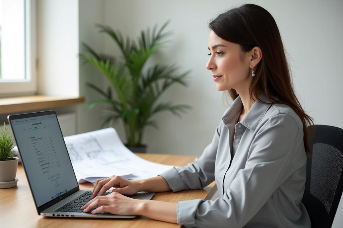 Femme en télétravail remplissant un formulaire de devis gratuit BTP en ligne sur ordinateur portable