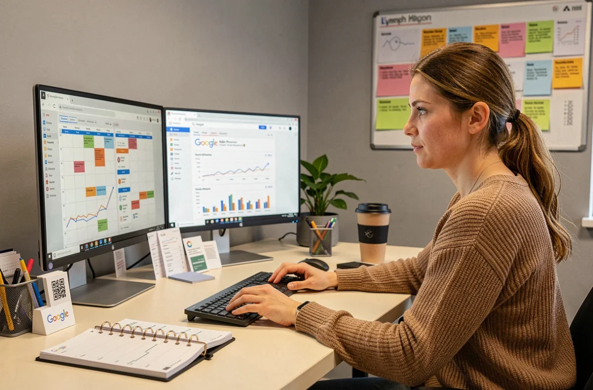Responsable marketing digital généraliste de l'agence DigitandCo à Lyon gérant simultanément un calendrier de contenus et un rapport Google Ads sur deux écrans