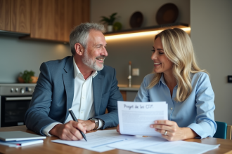Couple discutant de documents législatifs dans une cuisine moderne