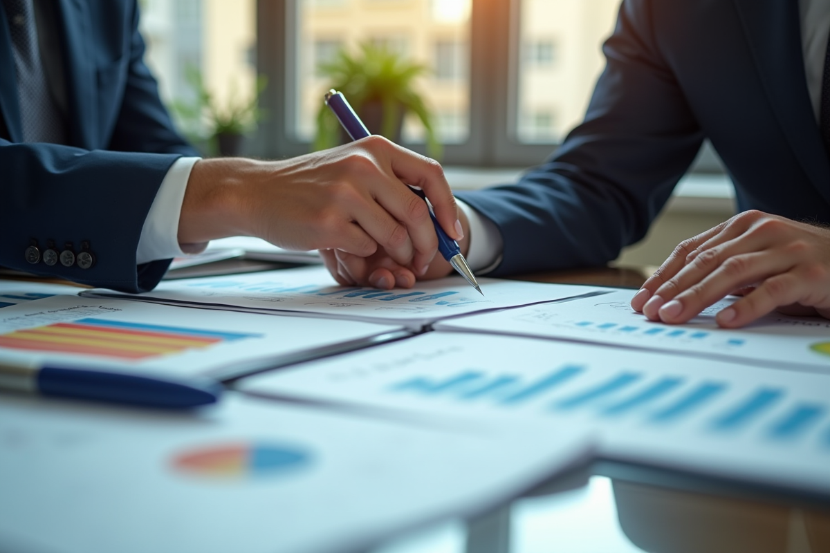 Deux professionnels discutant de rapports financiers en réunion