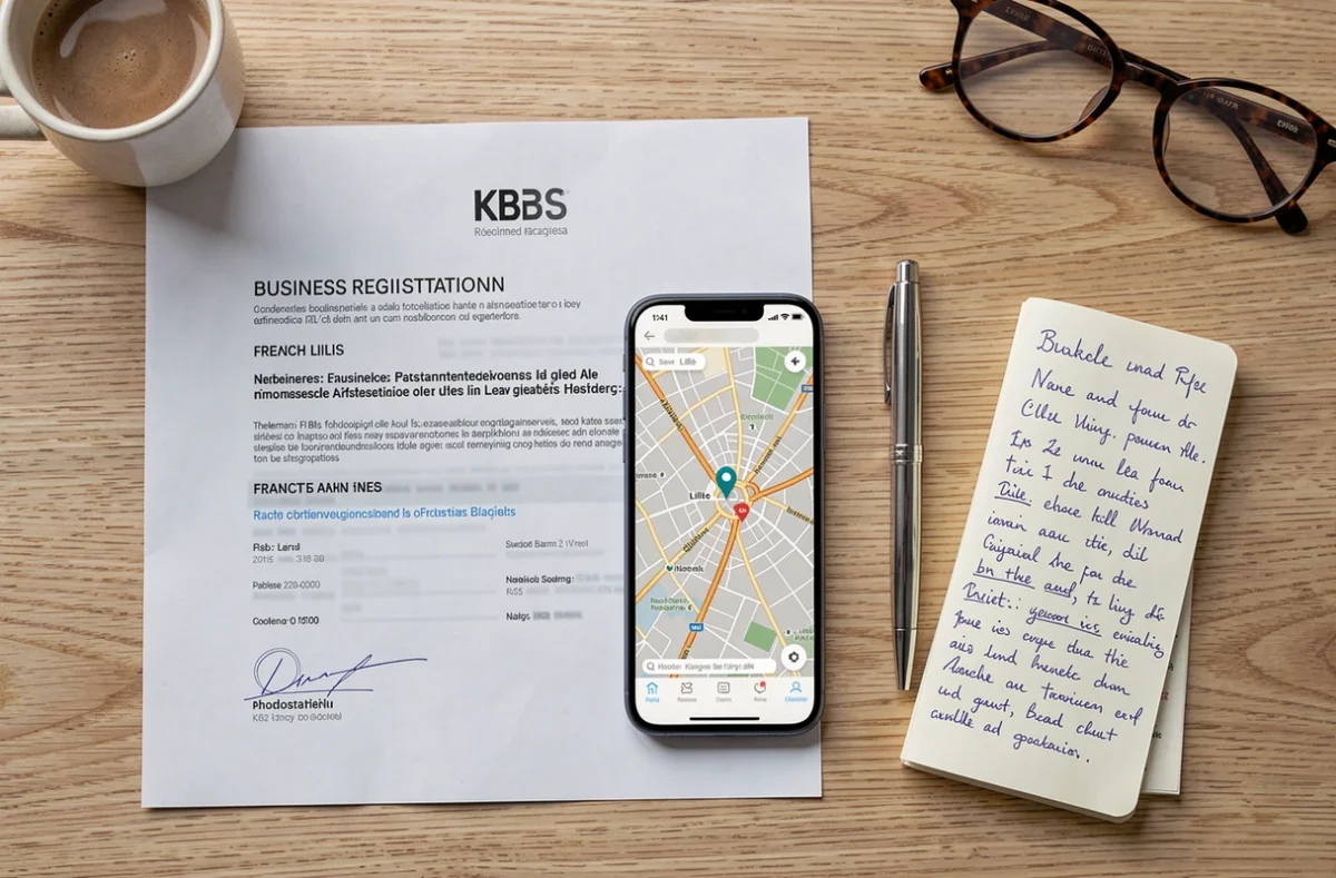 Vue aérienne d'un extrait Kbis, d'un smartphone avec carte de Lille et de documents de domiciliation sur un bureau en bois
