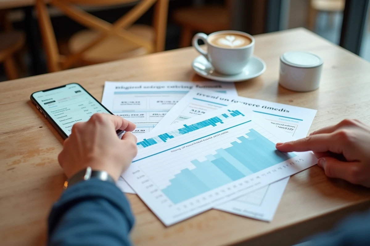 Mains d'un professionnel pointant des documents imprimés avec les chiffres de revenus et les étapes d'un tunnel de vente optimisé sur systeme.io