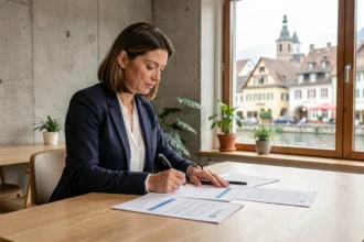 Femme d'affaires signant des documents de domiciliation d'entreprise dans un espace de coworking à Annecy avec vue sur la vieille ville