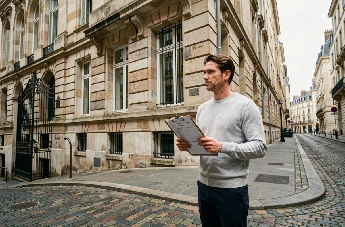 Entrepreneur devant un immeuble haussmannien à Lille tenant des formulaires de domiciliation d'entreprise