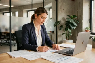 Femme entrepreneur consultant des documents pour domicilier son entreprise à Lille dans un espace de coworking moderne