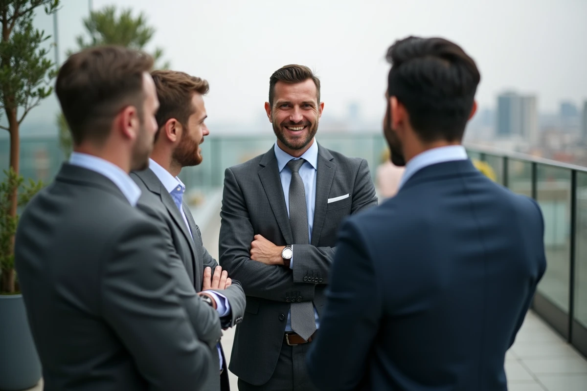 Groupe de professionnels lors d'un événement networking B2B avec une dynamique de conversation déséquilibrée et des signaux non verbaux négatifs