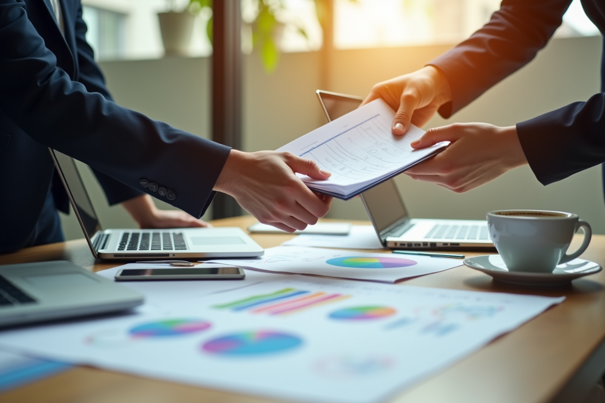 Main échangeant un document dans un espace de travail créatif