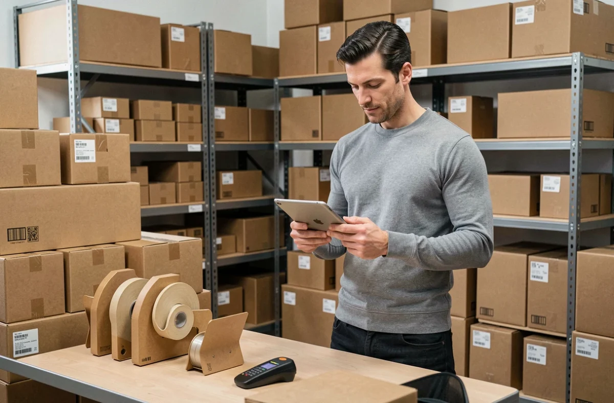 E-commerçant gérant son inventaire de produits dans un entrepôt d'expédition avec une tablette numérique
