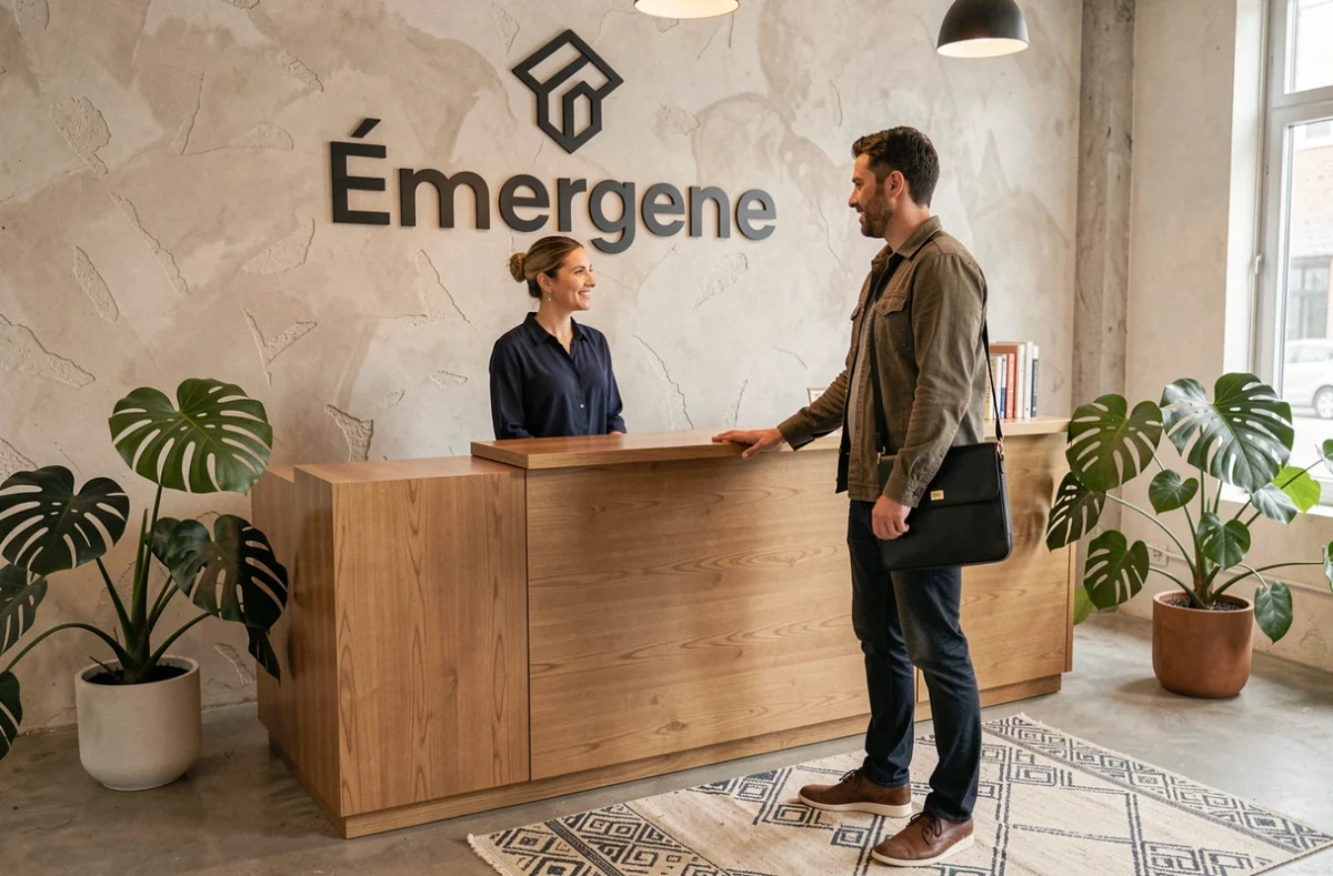 Accueil d'un nouveau membre à la réception de l'espace de coworking Émergence par une hôtesse professionnelle