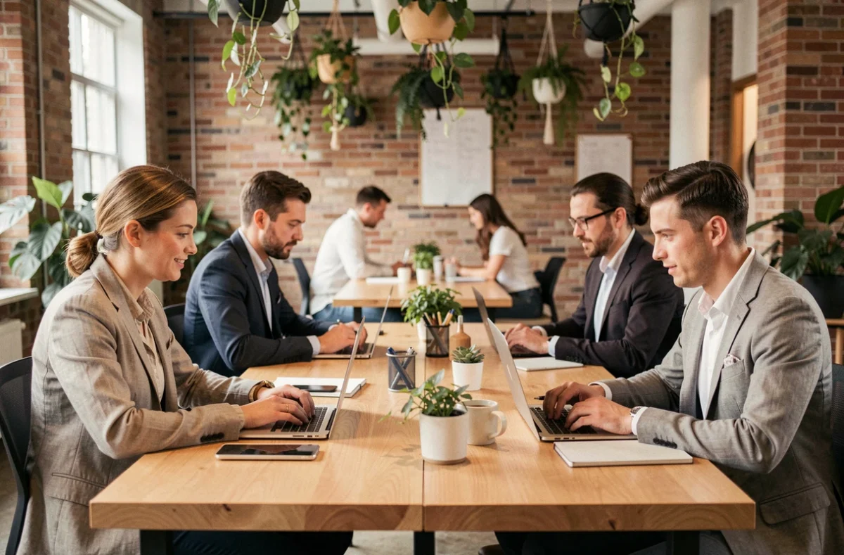 Espace de coworking Émergence avec des professionnels travaillant sur des ordinateurs portables dans un cadre moderne aux murs en briques