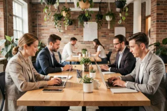 Espace de coworking Émergence avec des professionnels travaillant sur des ordinateurs portables dans un cadre moderne aux murs en briques