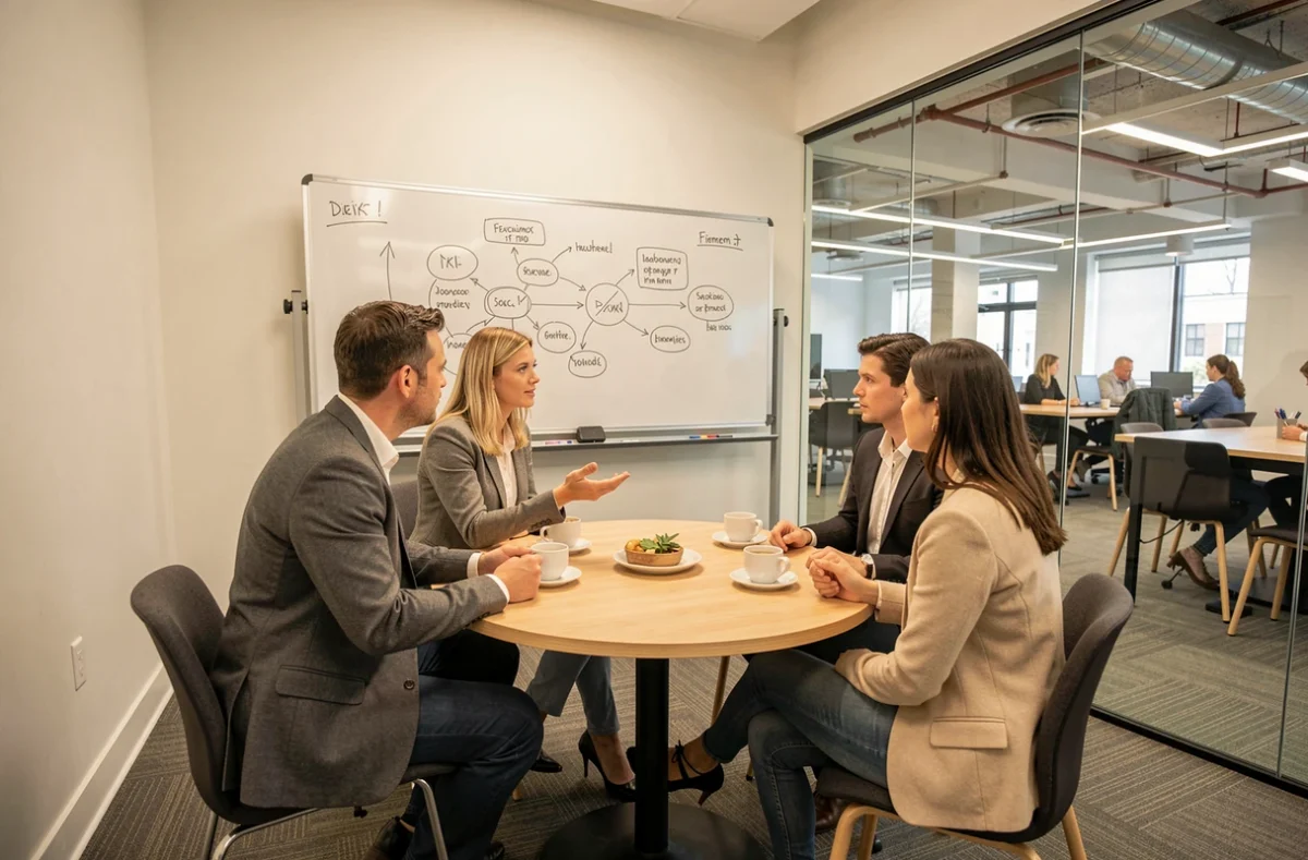 Réunion de trois professionnels dans une salle de réunion vitrée de l'espace de coworking Émergence