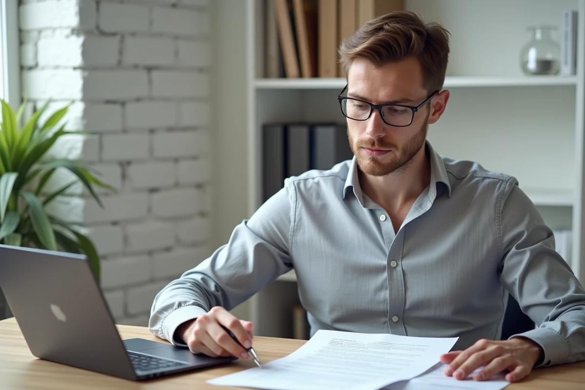Jeune employé analysant son contrat de travail CDD pour négocier une indemnité de fin de mission
