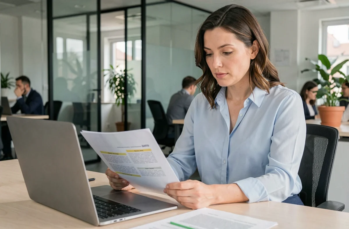 Employée consultant les avantages du CE Loxam et ses remises sur les congés payés depuis son bureau