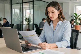 Employée consultant les avantages du CE Loxam et ses remises sur les congés payés depuis son bureau